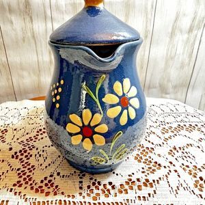 VTG French Pottery Blue Painted Floral Pitcher Tea Pot Server Alsace France 7.5"